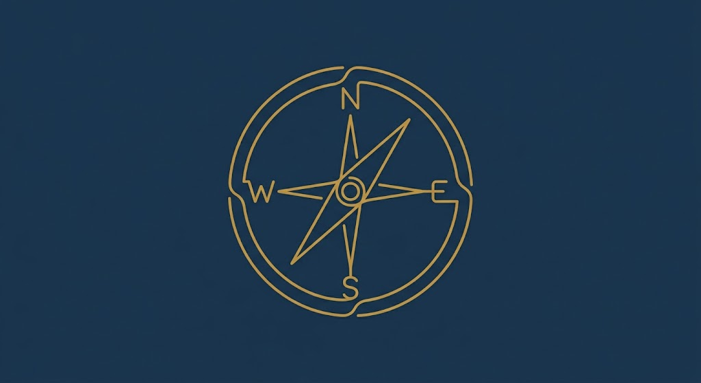 Editorial illustration of an antique compass — the firm's icon for direction and orientation.