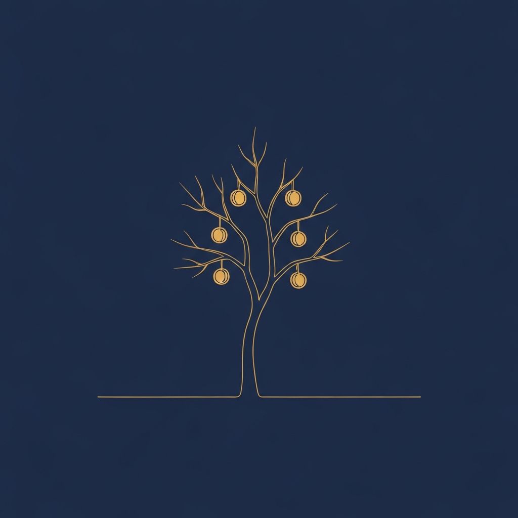 Editorial illustration of a tree with coins among its branches — wealth that grows from a rooted source.