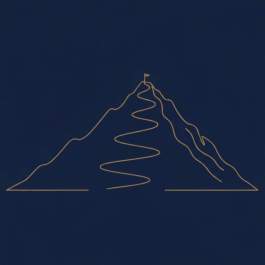 Editorial illustration of a mountain with a winding path to the summit — a long climb with vantage points at each switchback.